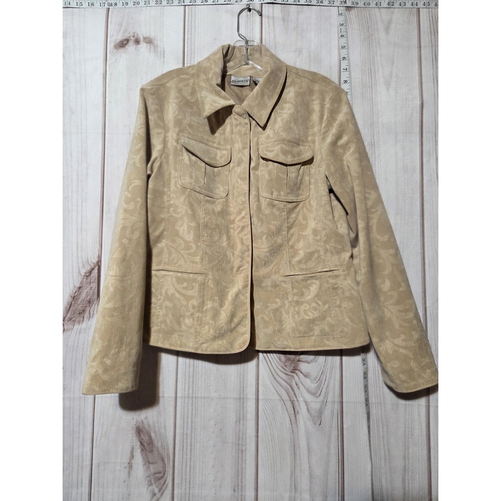 Chico's Jacket Womens Medium Tan Stretch Corduroy Jacquard Zip Pockets‎ Size 1